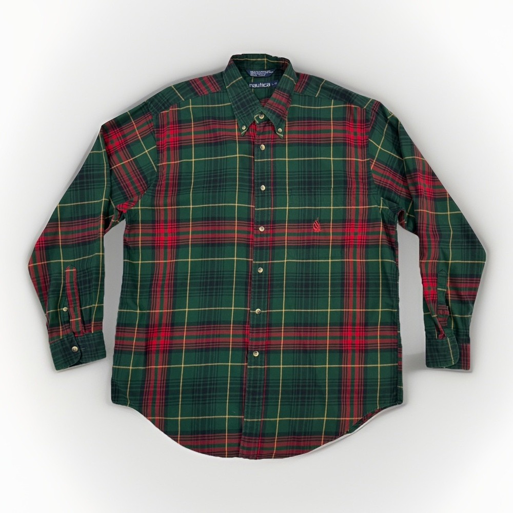Vintage 90s Nautica Flannel Green Plaid Button Down Shirt Mens Large Made in USA
